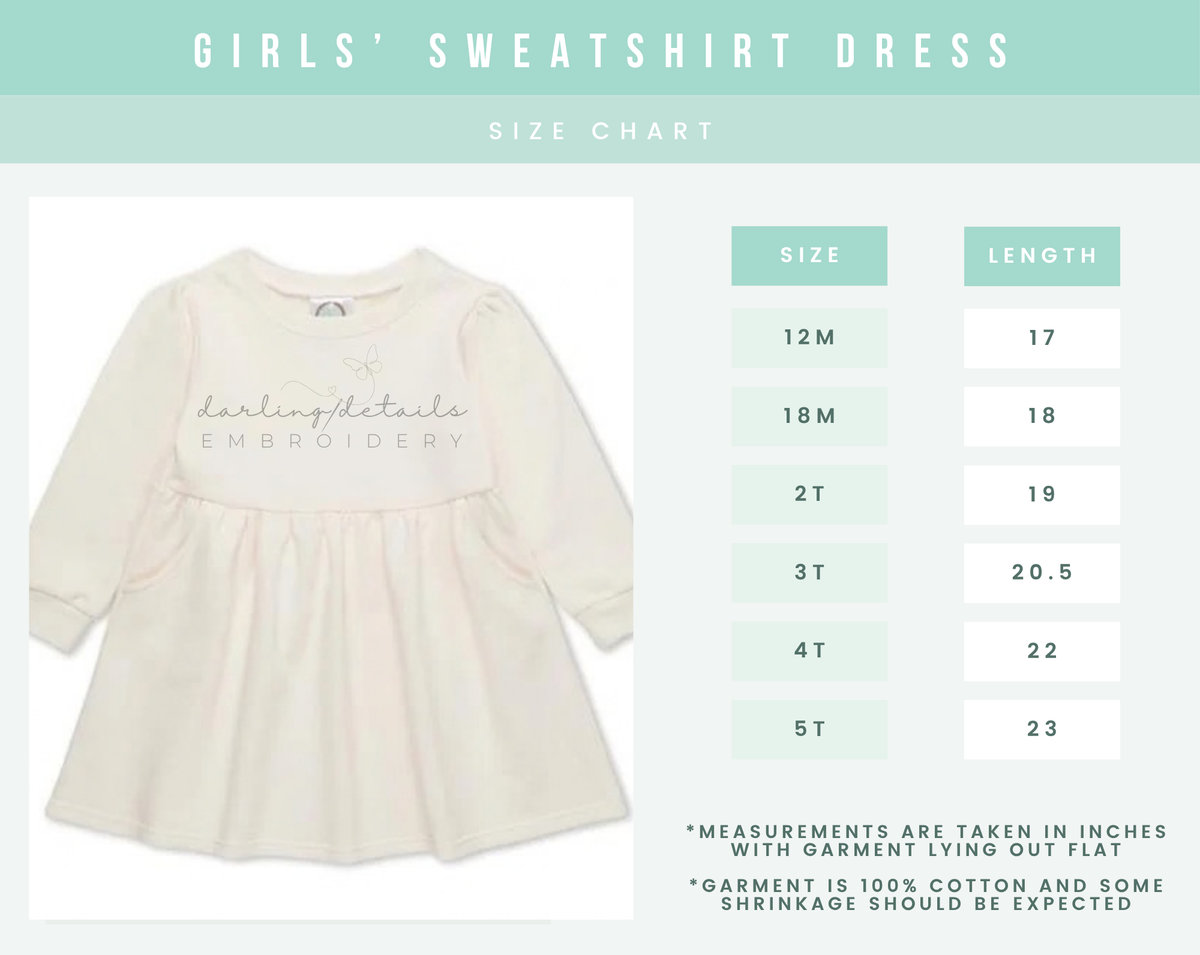 A size chart graphic for a girls' sweatshirt dress, showing a light cream long-sleeve dress on the left and a size/length table on the right with sizes 12M through 5T and lengths 17 to 23 inches.