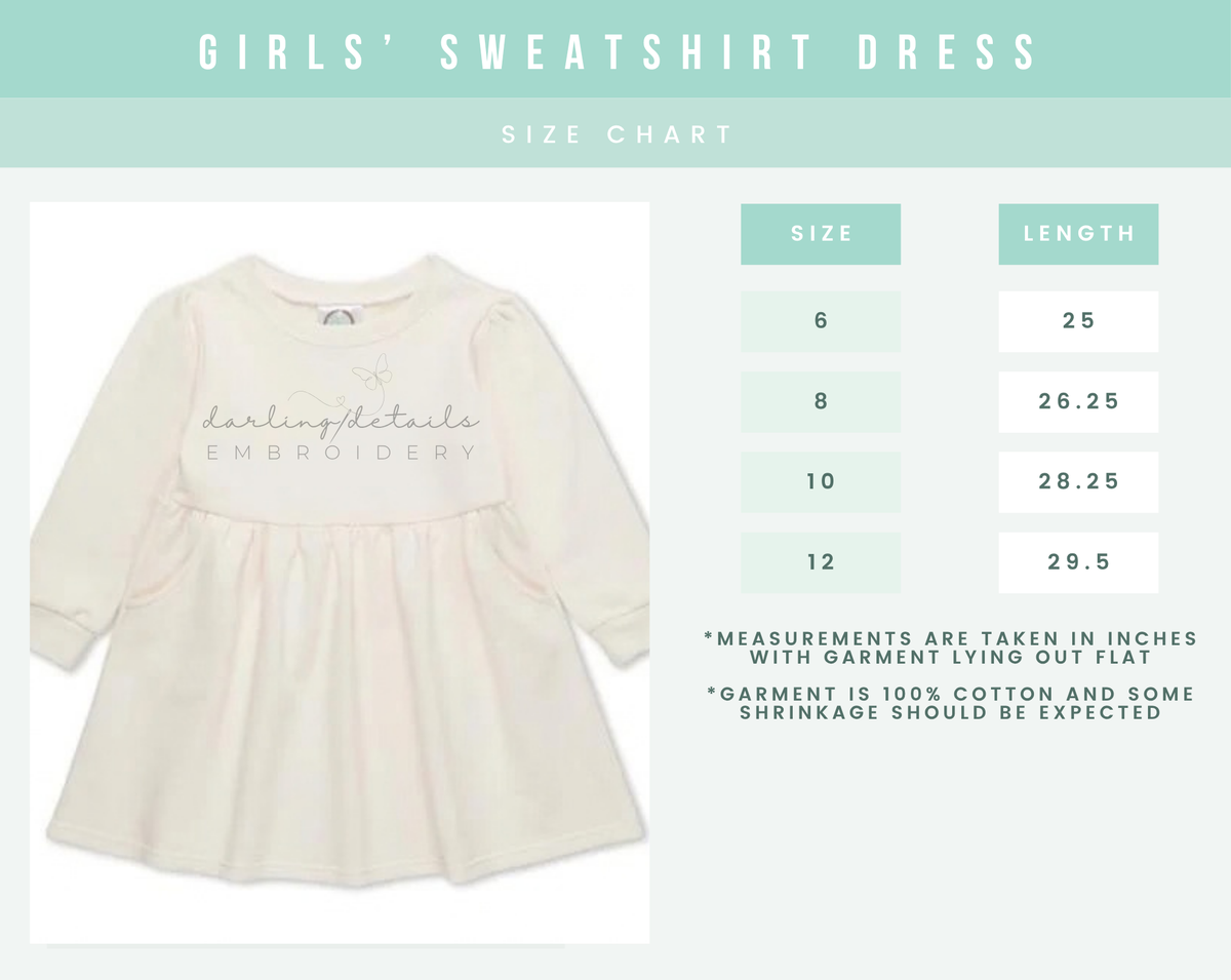 A size chart graphic for a girls' sweatshirt dress, showing a cream colored long-sleeve dress on the left and a size/length table on the right with sizes 6 through 12 and corresponding measurements in inches.