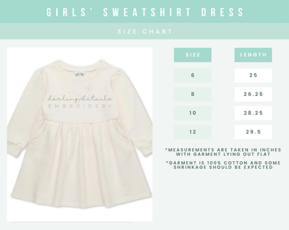A size chart graphic for a girls' sweatshirt dress, showing a cream colored long-sleeve dress on the left and a size/length table on the right with sizes 6 through 12 and corresponding measurements in inches.