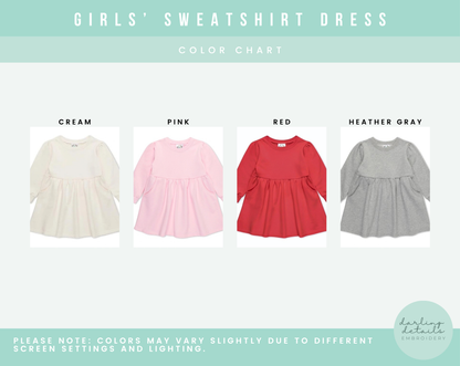 A color chart graphic for a girls' sweatshirt dress, showing four color options labeled Cream, Pink, Red, and Heather Gray. Each option displays a long-sleeve, gathered-torso sweatshirt dress on a white background.
