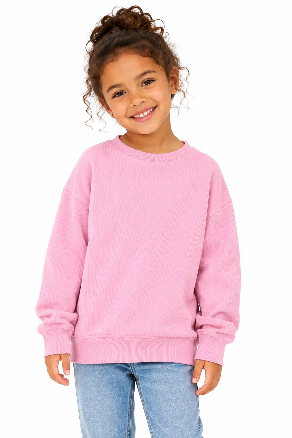 Child wearing a pink sweatshirt on a white background