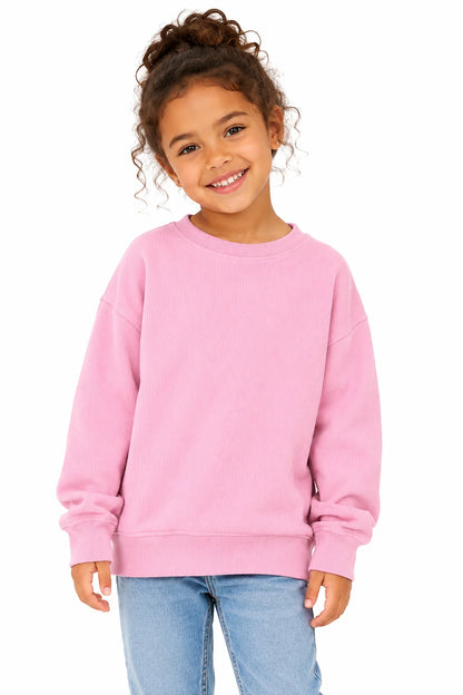 Child wearing a pink sweatshirt on a white background