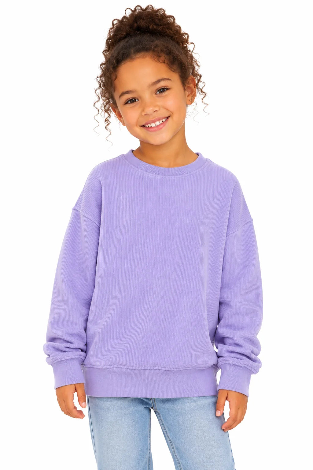 Child wearing a purple sweatshirt on a white background
