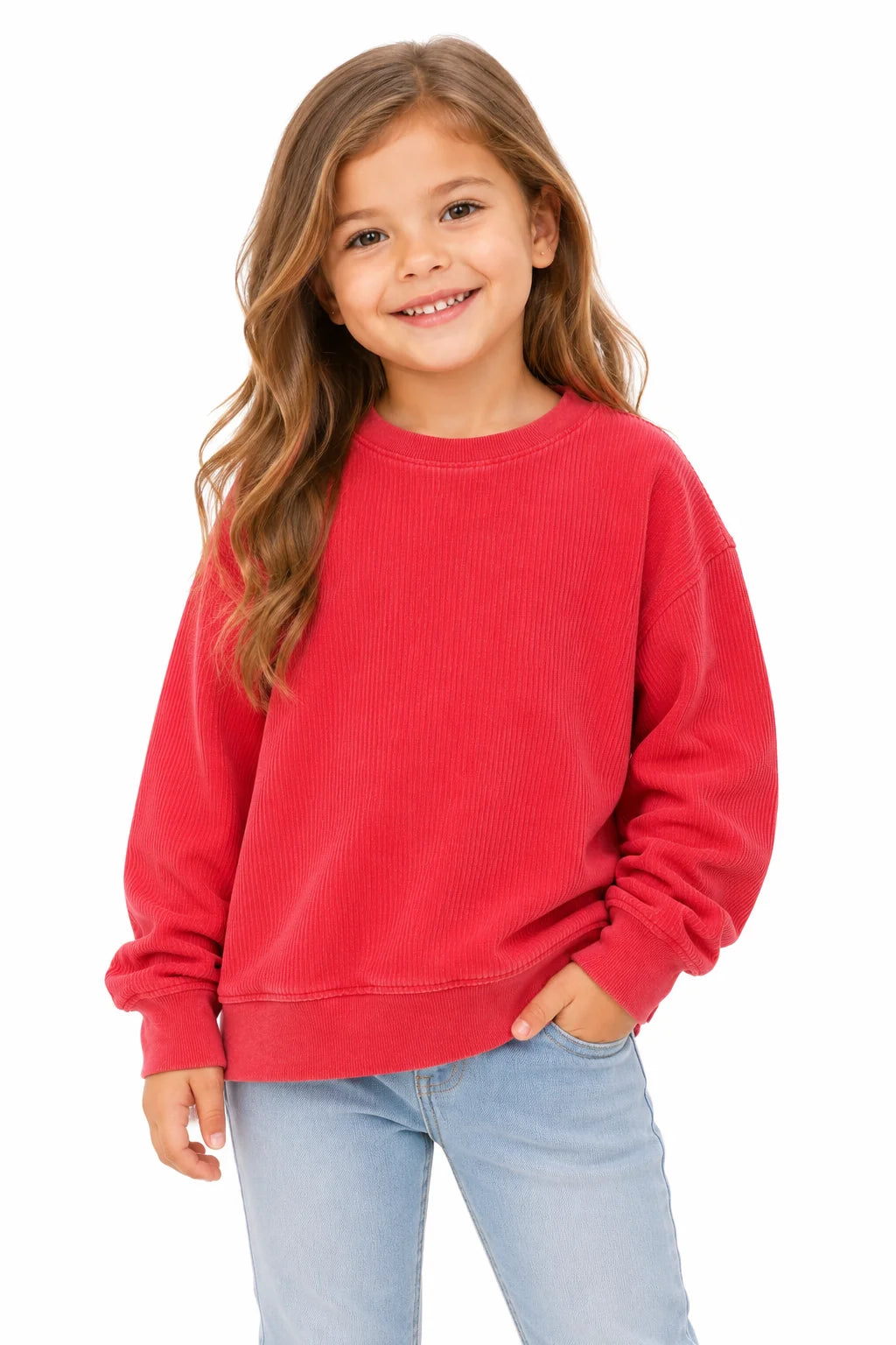 Young girl wearing a red sweatshirt and light blue jeans on a white background