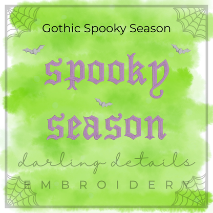 A square promotional graphic for a gothic-themed embroidery design or pattern, featuring the words 'Gothic Spooky Season' and 'spooky season' in large lavender-purple gothic lettering over a bright green watercolor background. Smaller script text reads 'darling details' and 'EMBROIDERY.