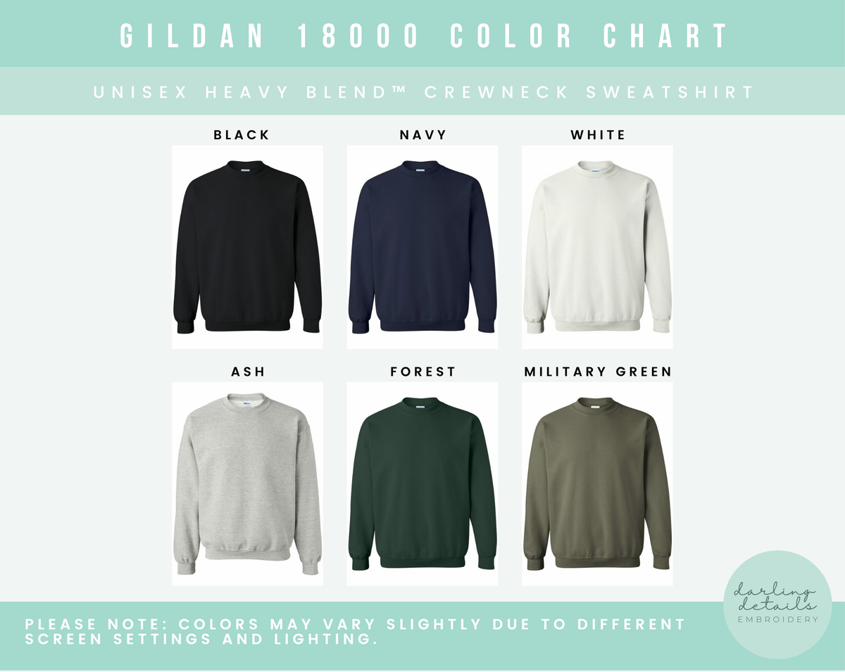 A color chart graphic for Gildan 18000 Color Chart showing six crewneck sweatshirts in different colors: Black, Navy, White, Ash, Forest, and Military Green. The top of the image has a mint green banner reading 'GILDAN 18000 COLOR CHART' and 'UNISEX HEAVY BLEND CREWNECK SWEATSHIRT'.