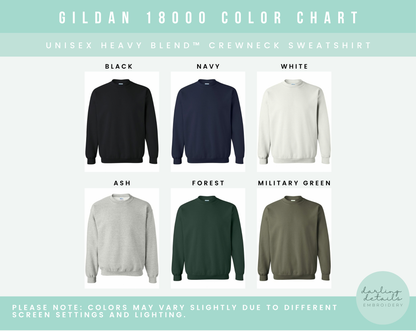 A color chart graphic for Gildan 18000 Color Chart showing six crewneck sweatshirts in different colors: Black, Navy, White, Ash, Forest, and Military Green. The top of the image has a mint green banner reading 'GILDAN 18000 COLOR CHART' and 'UNISEX HEAVY BLEND CREWNECK SWEATSHIRT'.