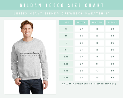 A size chart graphic for a Gildan 18000 unisex sweatshirt, showing a male model wearing a light gray crewneck sweatshirt on the left and a size table on the right with measurements in inches.