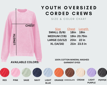 Pink sweatshirt with size and color chart on a white background